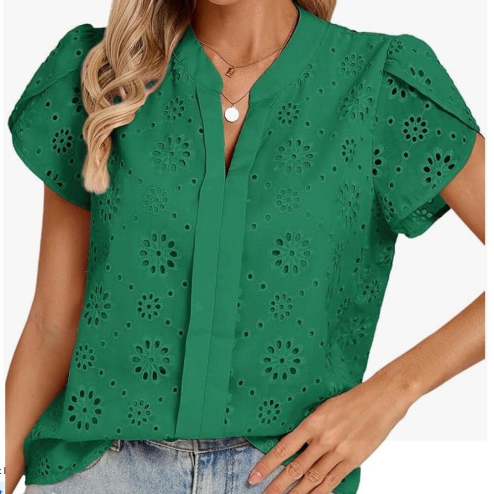 Kate Kasin Green Eyelet Lace Blouse | Short Petal Sleeves | NWOT | Size Large - Picture 3 of 16